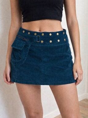 Dark Teal Corduroy Mini Skirt with Studded Waist adjustable